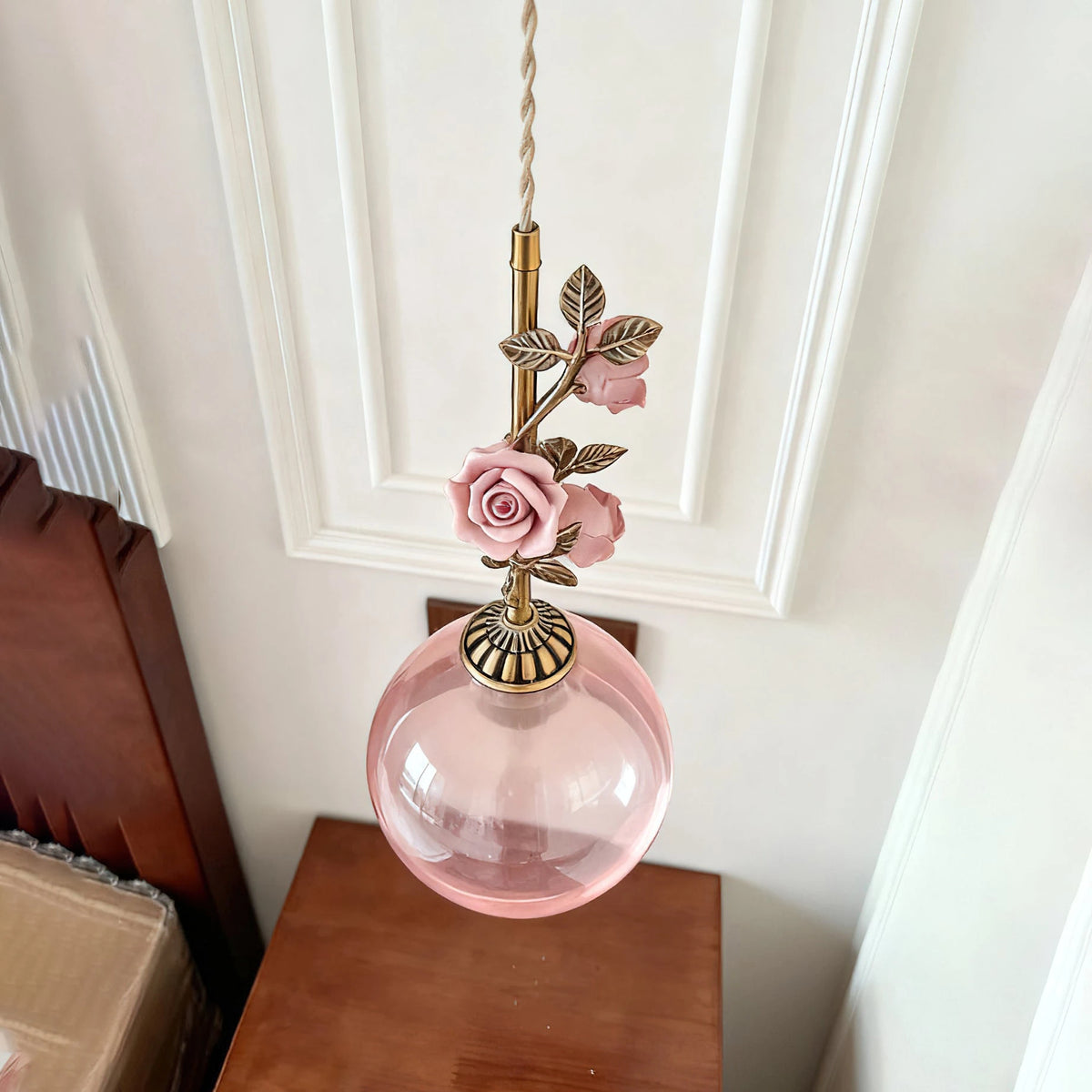 Pink Glass Rose Pendant Light as Ambient Bedside Lighting