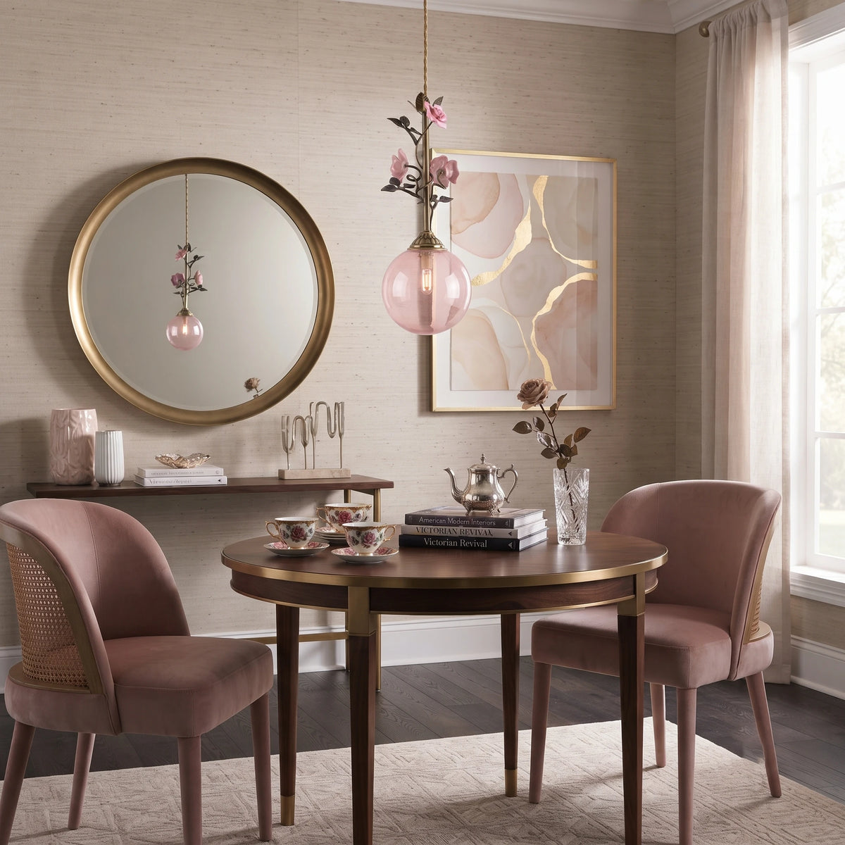 Vintage Rose Glass Pendant Light Hanging in Modern Dining Space