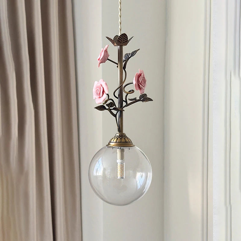 Vintage Brass Rose Pendant Light with Clear Glass Shade