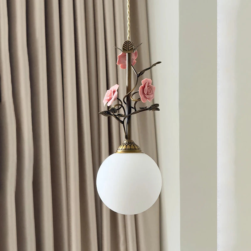 French Vintage Rose Pendant Sconce with Opal White Glass Shade