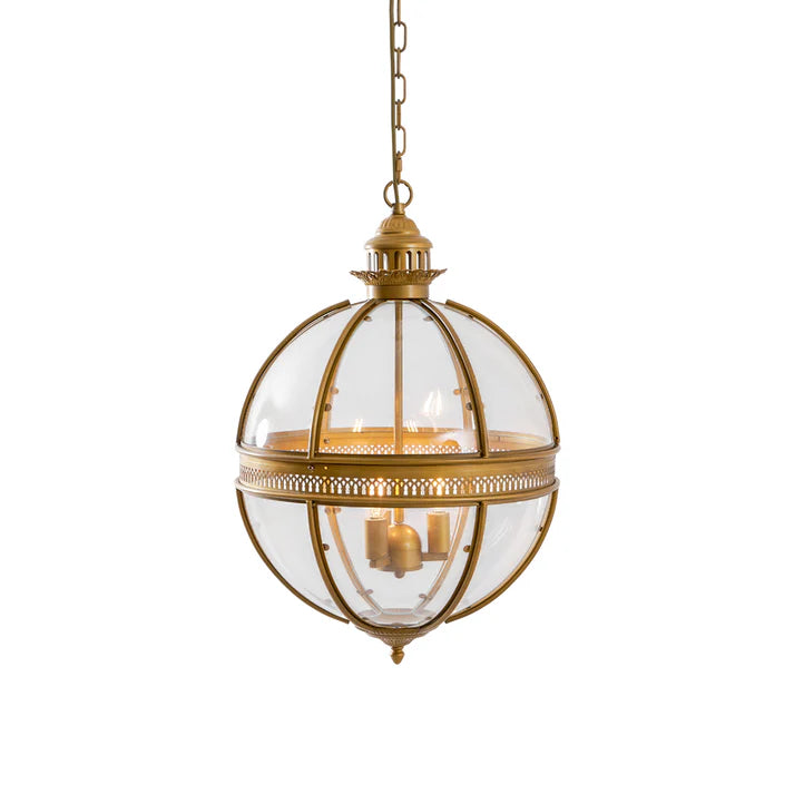 Vintage Brass Globe Lantern Pendant Light on Pure White Background