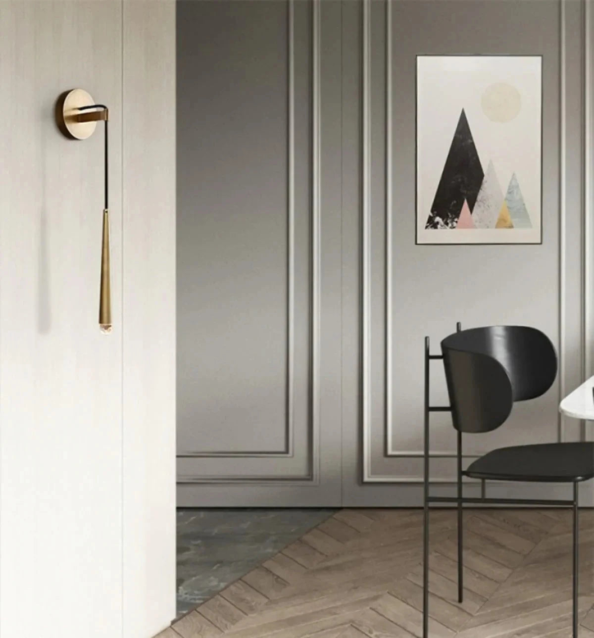 Modern Brass Wall Light Over Living Room Gallery Wall