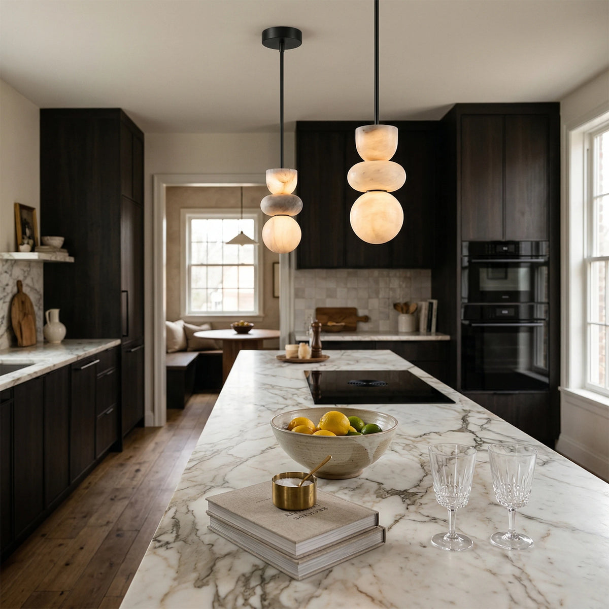 Pair of Alabaster Totem Pendant Lights Over Kitchen Island