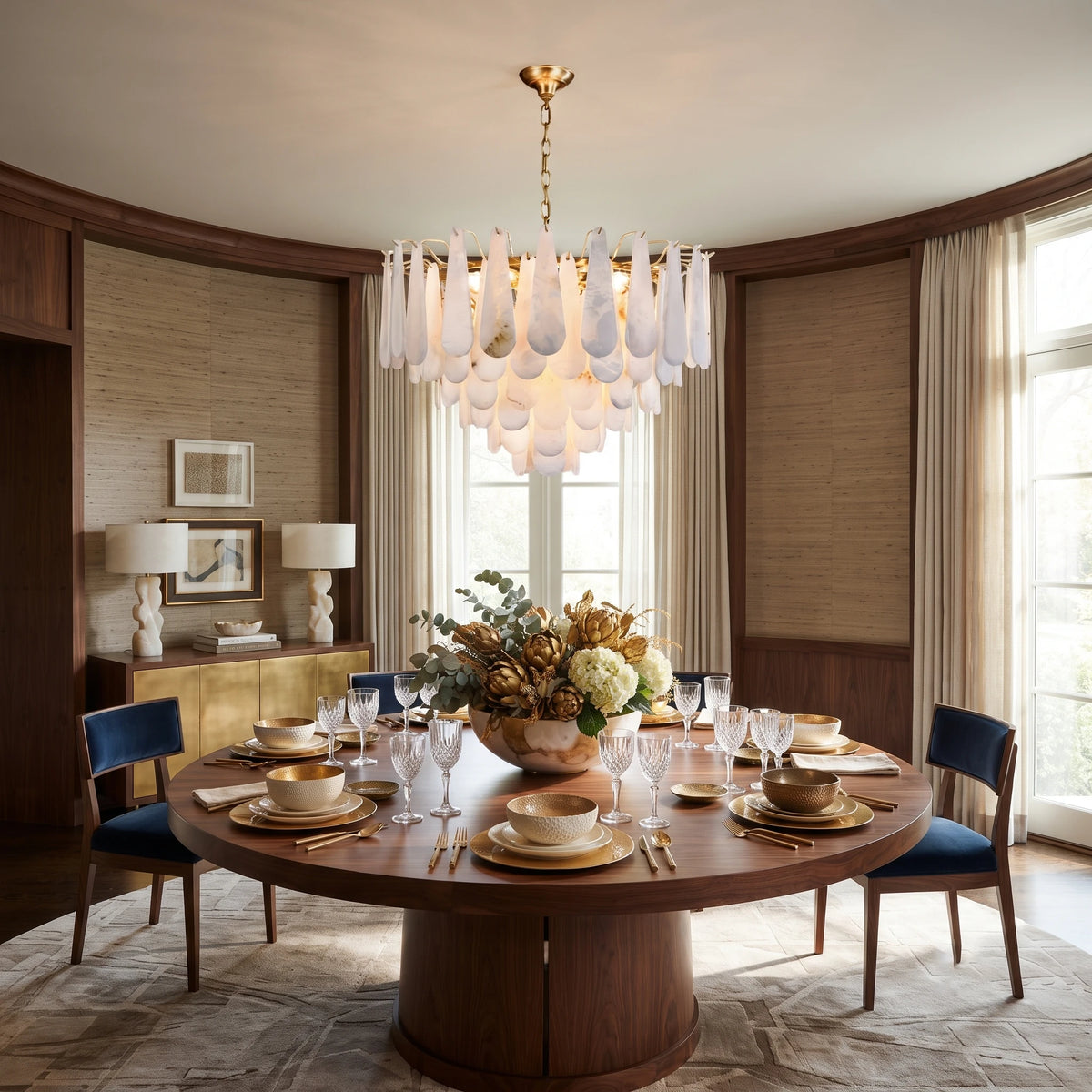 Alabaster Chandelier Installed over Elegant Oval Dining Table