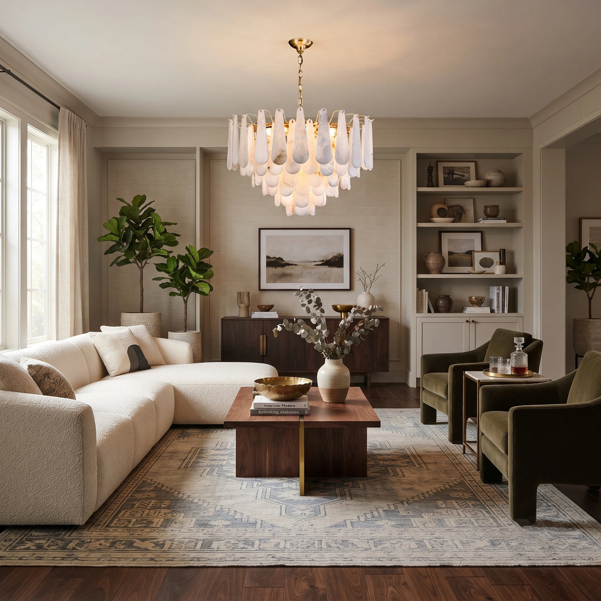 Alabaster Pendant Light in Contemporary Living Room with Sectional Sofa