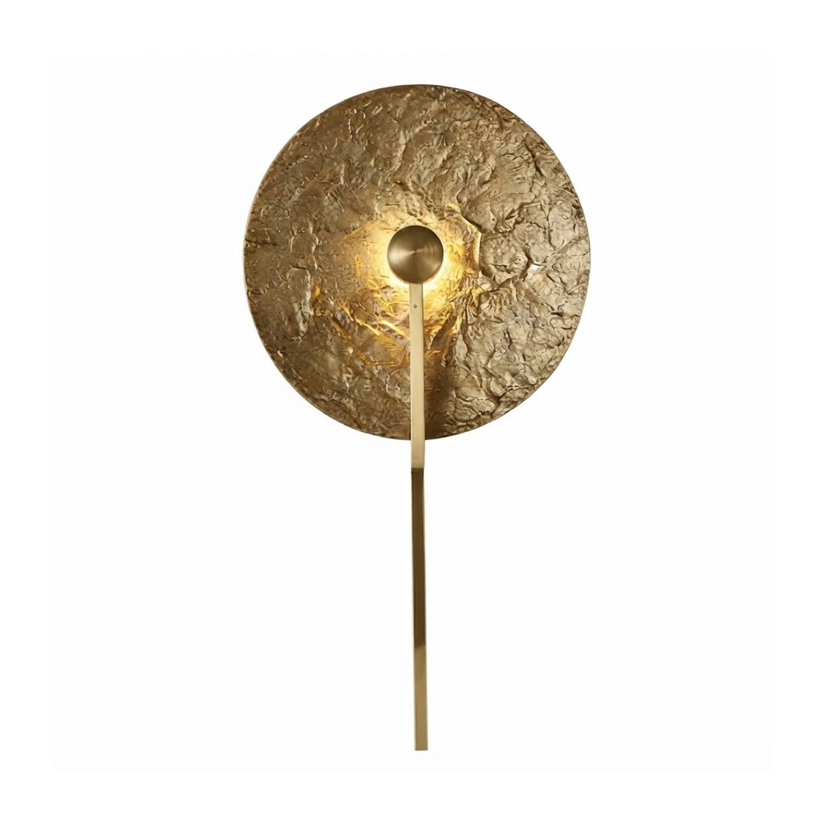 Modern Textured Disc and Vertical Rod Wall Sconce with Gold Finish and Warm Light on Pure White Background