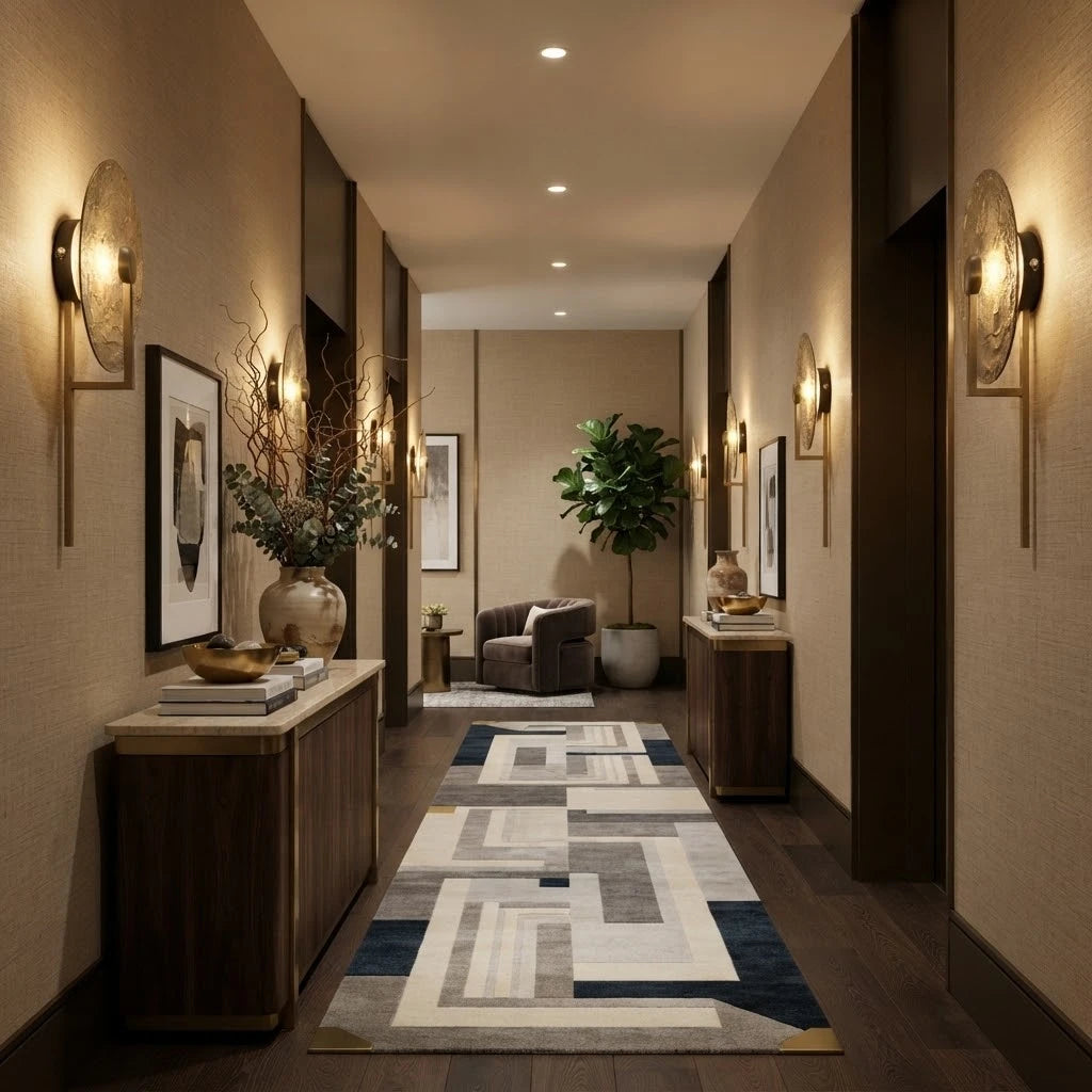 Modern Textured Disc Wall Sconce in Grand Foyer Corridor