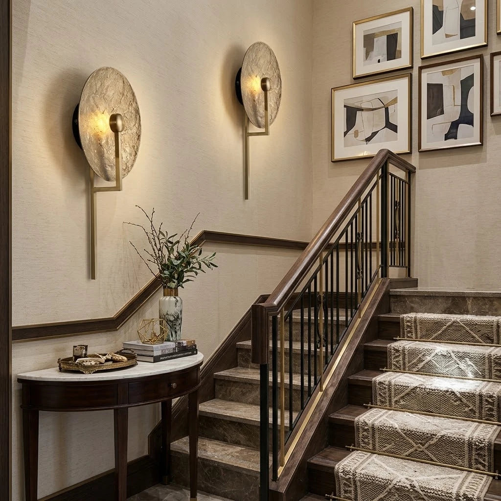 Modern Textured Disc Wall Sconce in Grand Staircase Area