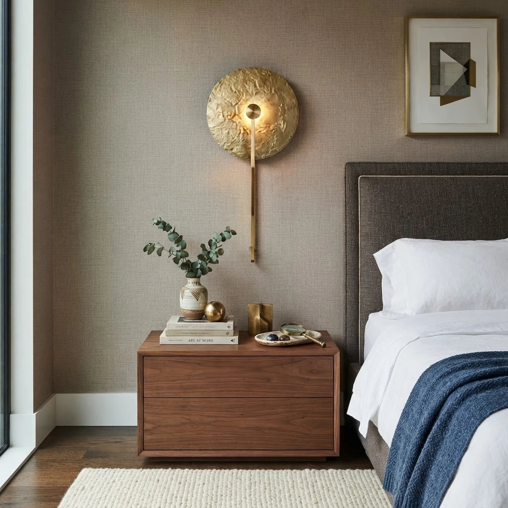 Modern Gold Finish Wall Sconce in Cozy Master Bedroom