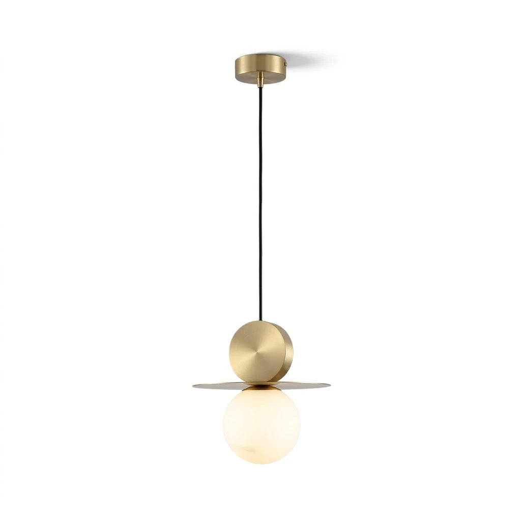 Modern Disc and Globe Pendant Light with Brass Finish on Pure White Background