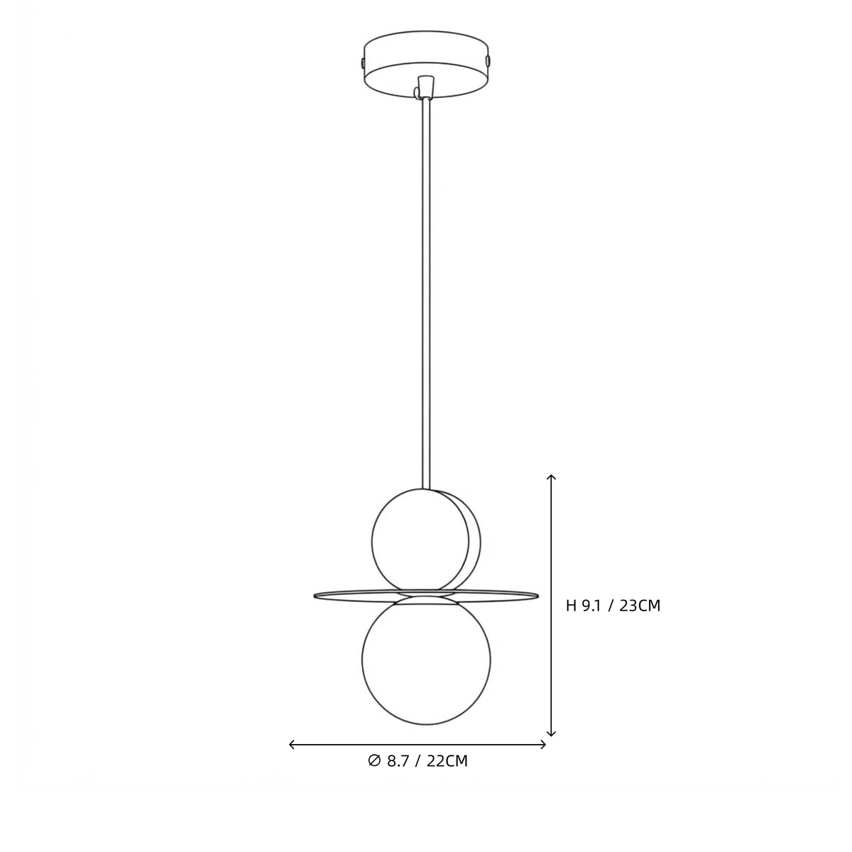Modern Disc and Globe Pendant Light Line Art Dimension Diagram