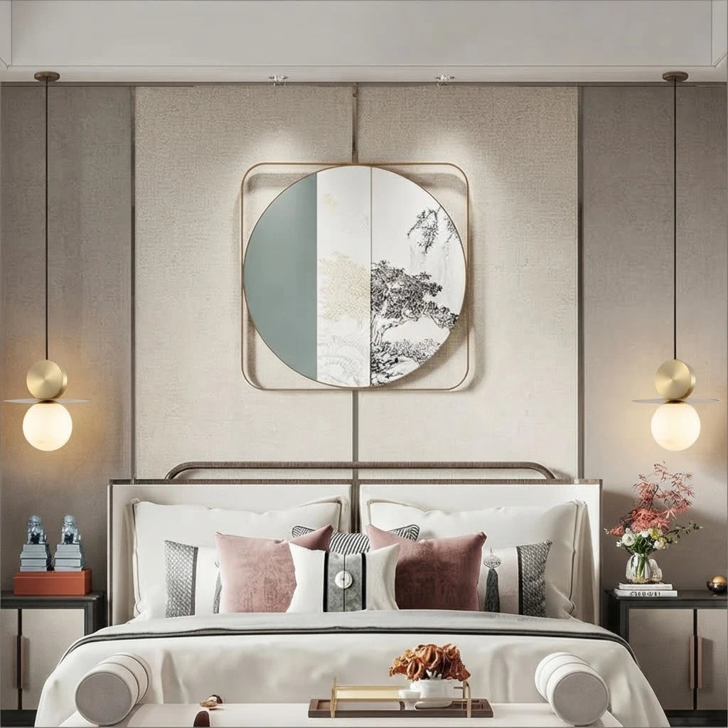 Modern Disc and Globe Pendant Lights in Master Bedroom Setting