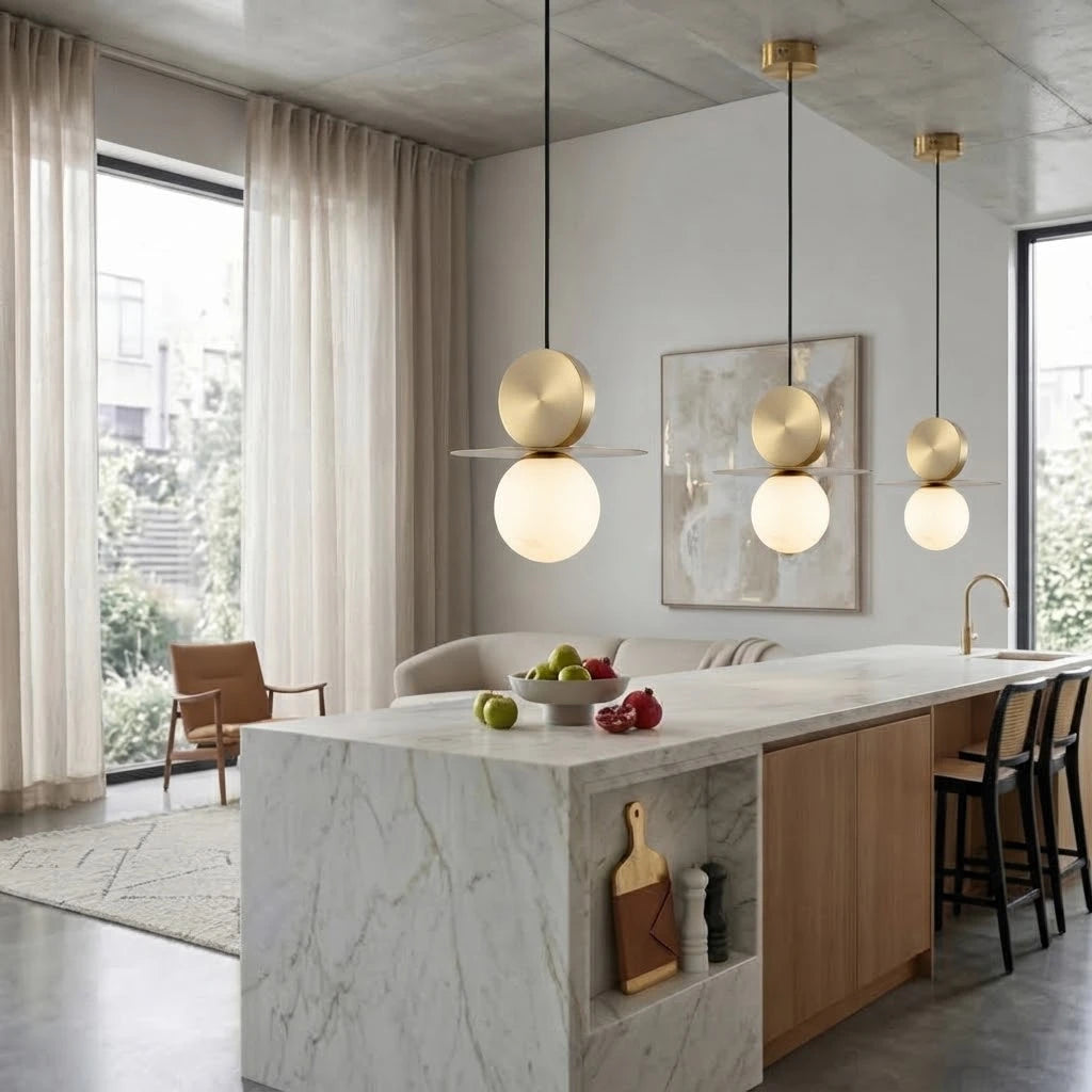 Modern Disc and Globe Pendant Lights Over Kitchen Island