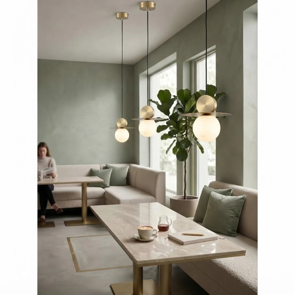 Modern Disc and Globe Pendant Lights in Dining Nook Setting