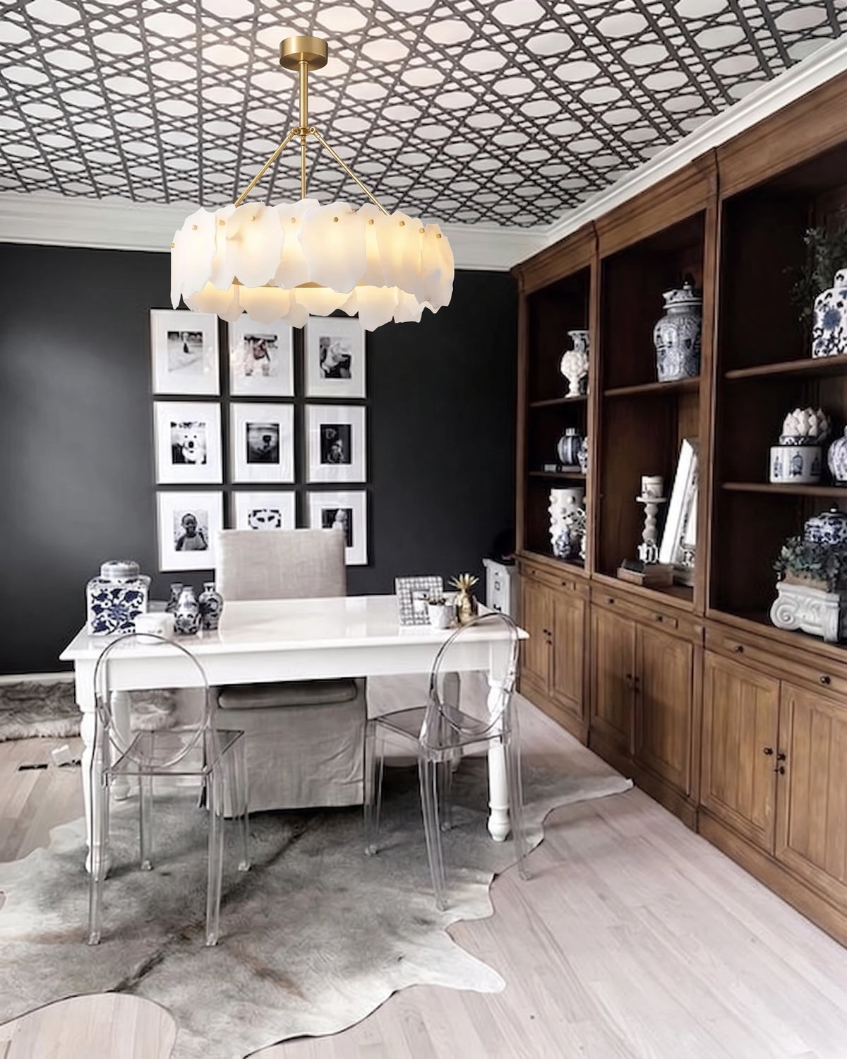 Modern Alabaster Petal Chandelier in Executive Home Office