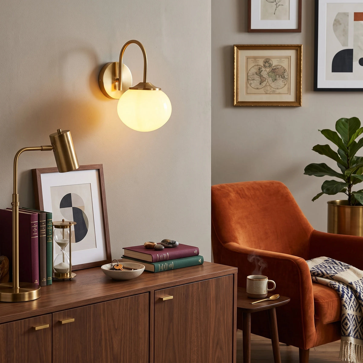 Vintage Brass Gooseneck Wall Sconce Over Living Room Storage