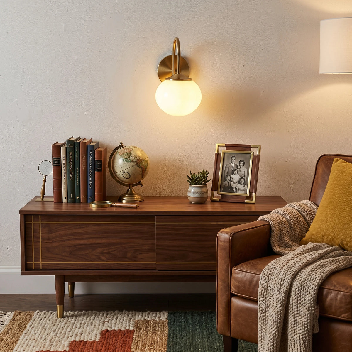 Mid Century Brass Wall Sconce Over Living Room Credenza