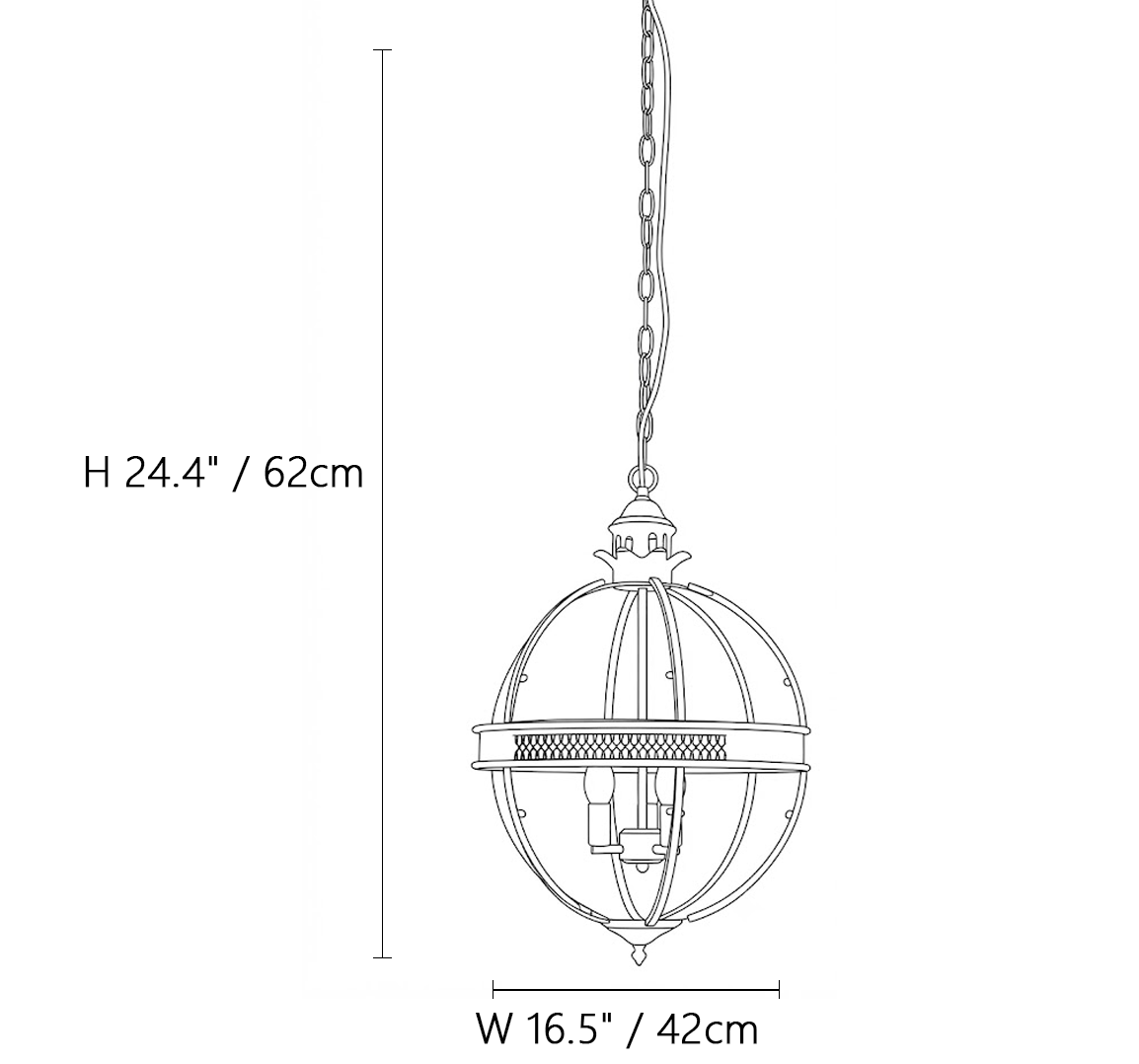 Large Brass Globe Lantern Pendant Light Line Art Dimension Diagram