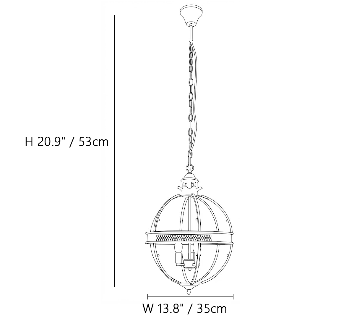 Medium Brass Globe Lantern Pendant Light Line Art Dimension Diagram