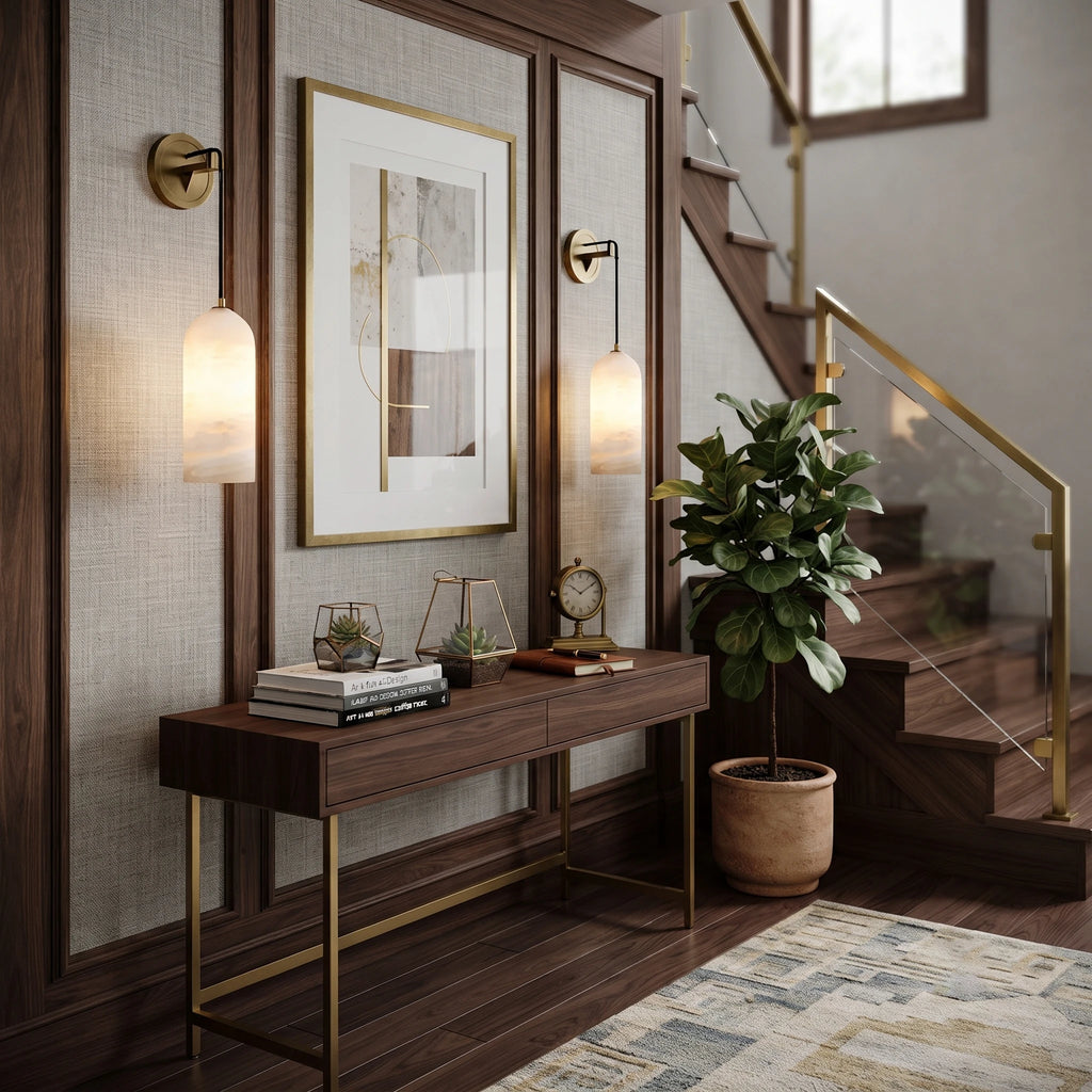 Modern Alabaster Pendant Sconce Light Over Entryway Console