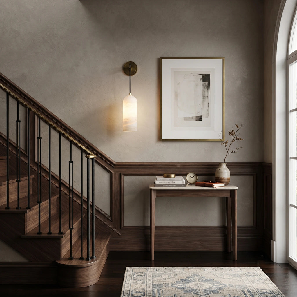 Alabaster Dome Cylinder Wall Light in Staircase Hallway