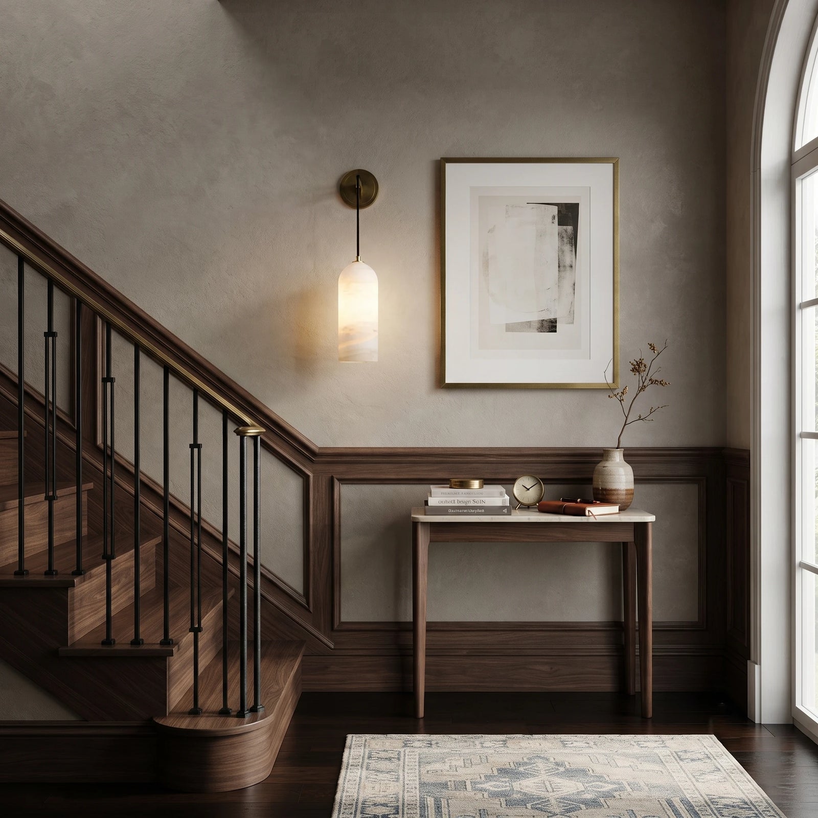 Alabaster Dome Cylinder Wall Light in Staircase Hallway
