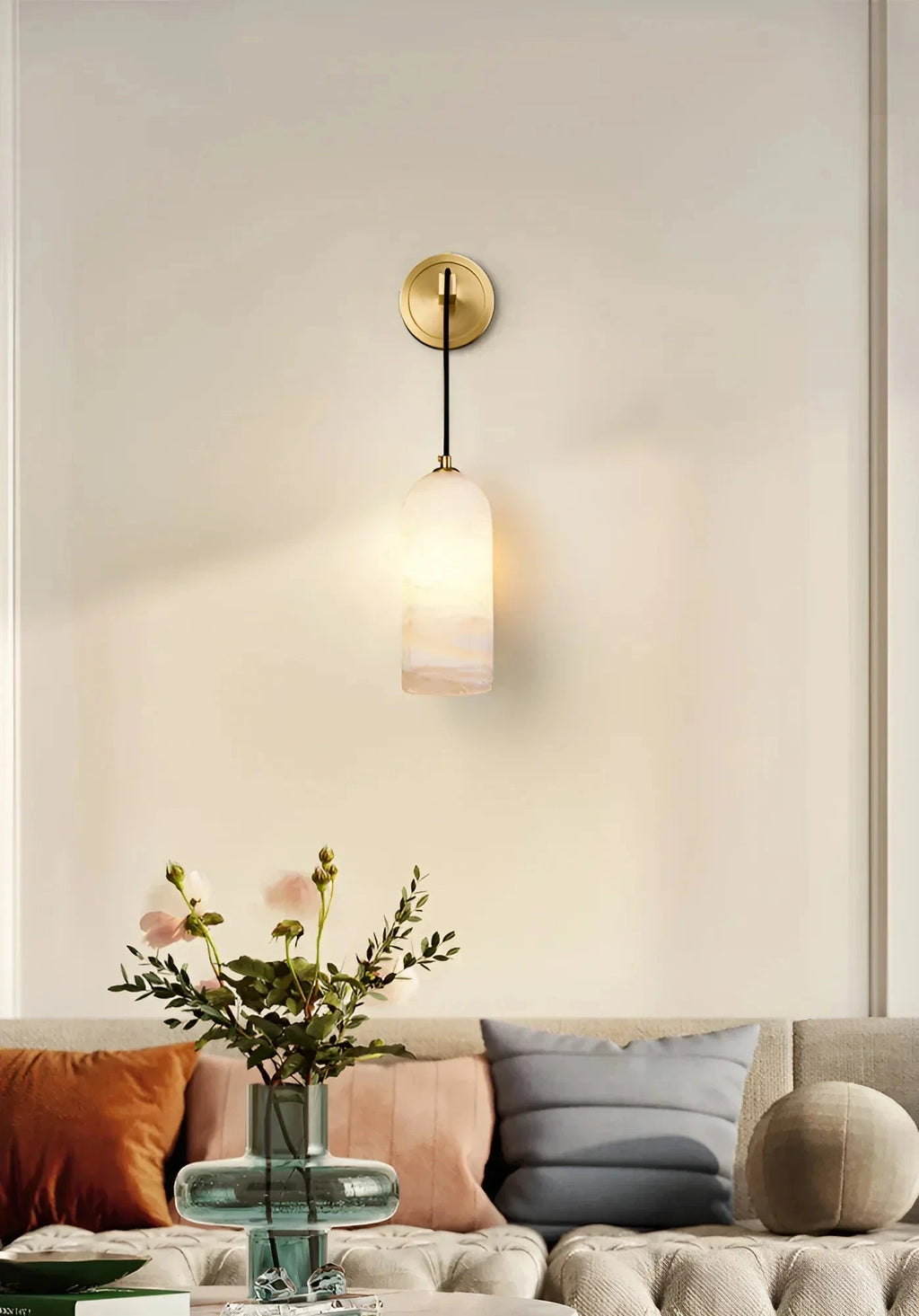 Modern Alabaster Dome Cylinder Wall Sconce Over Sofa