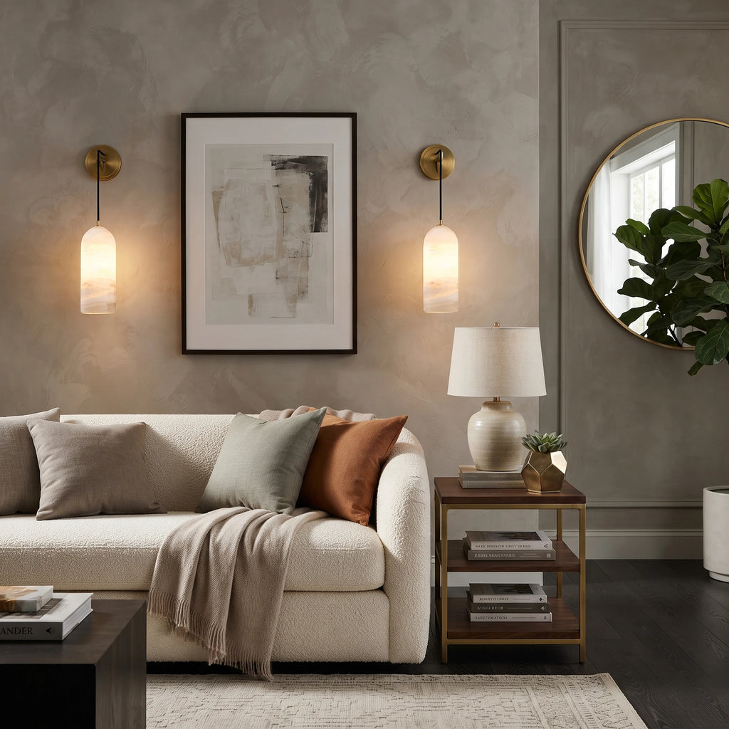 Pair of Alabaster Cylinder Sconces Flanking Living Room Artwork