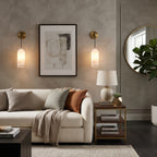 Pair of Alabaster Cylinder Sconces Flanking Living Room Artwork