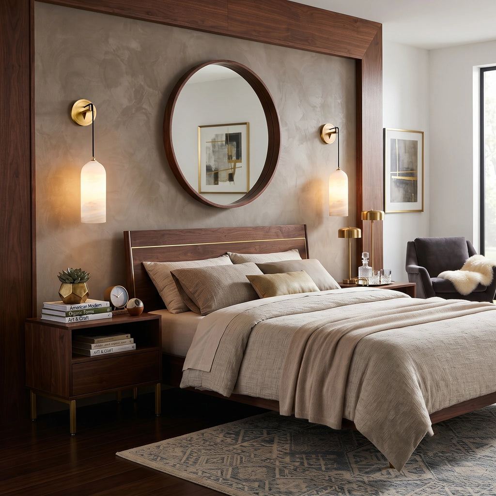 Alabaster Dome Cylinder Wall Sconces Flanking Master Bed