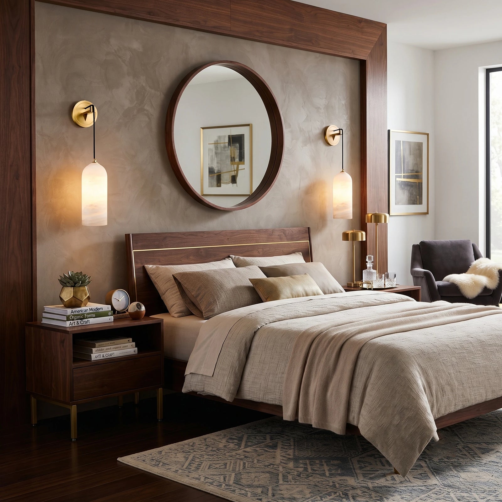 Alabaster Dome Cylinder Wall Sconces Flanking Master Bed