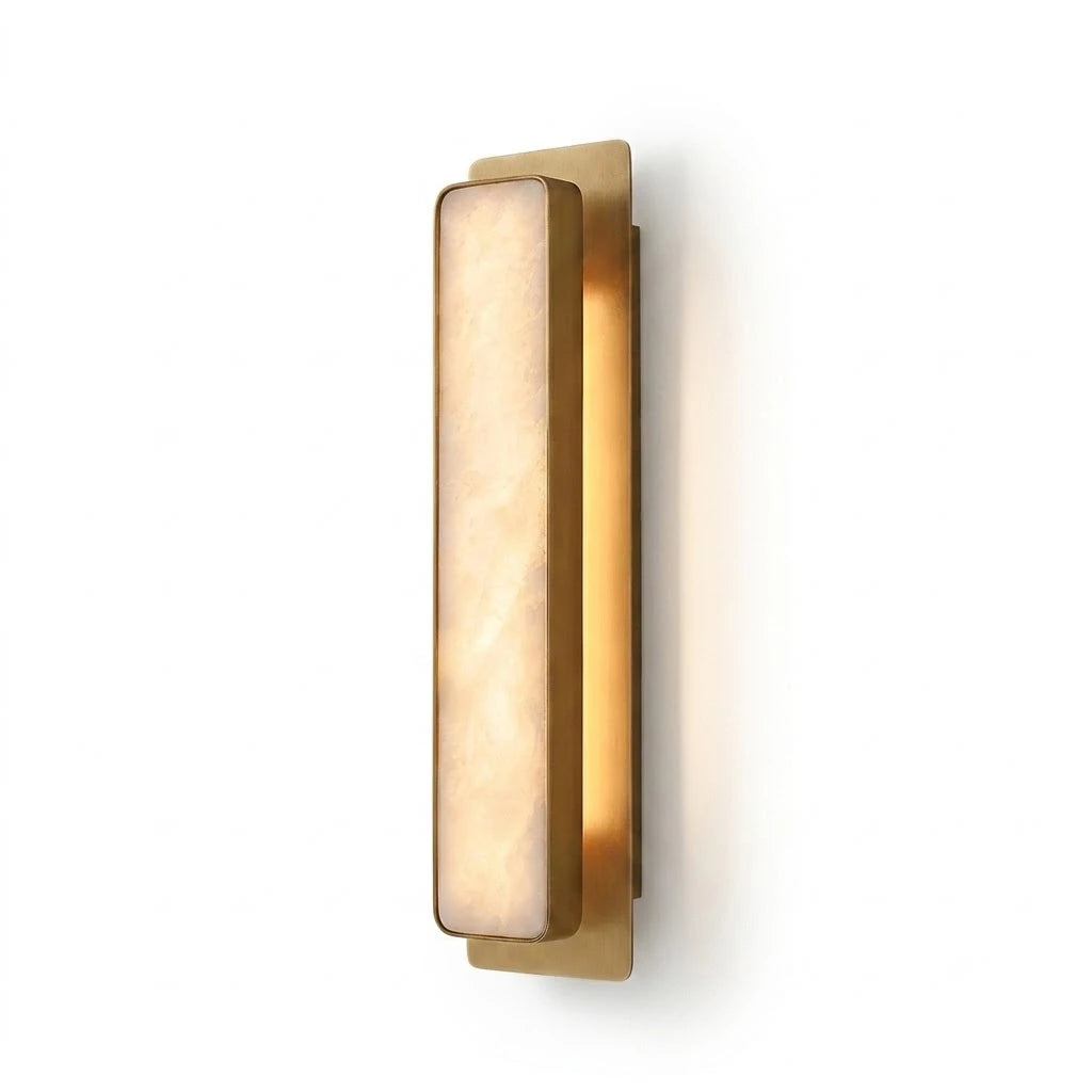 Modern Brass Rectangular Alabaster Wall Sconce on White Background