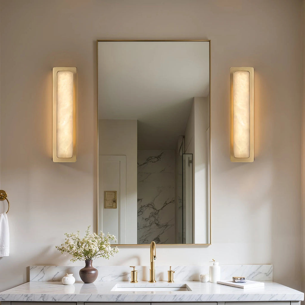 Pair of Rectangular Alabaster Vanity Lights Flanking Bathroom Mirror