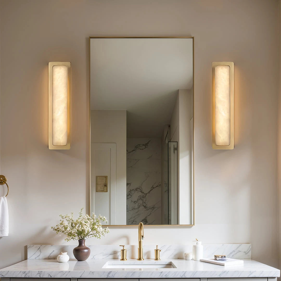 Pair of Rectangular Alabaster Vanity Lights Flanking Bathroom Mirror