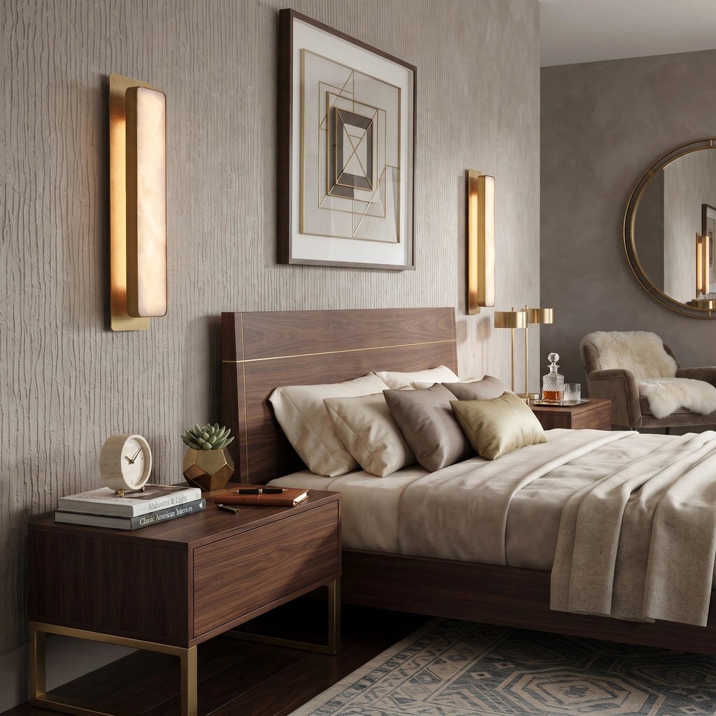 Modern Brass Alabaster Sconces as Bedside Ambient Lighting