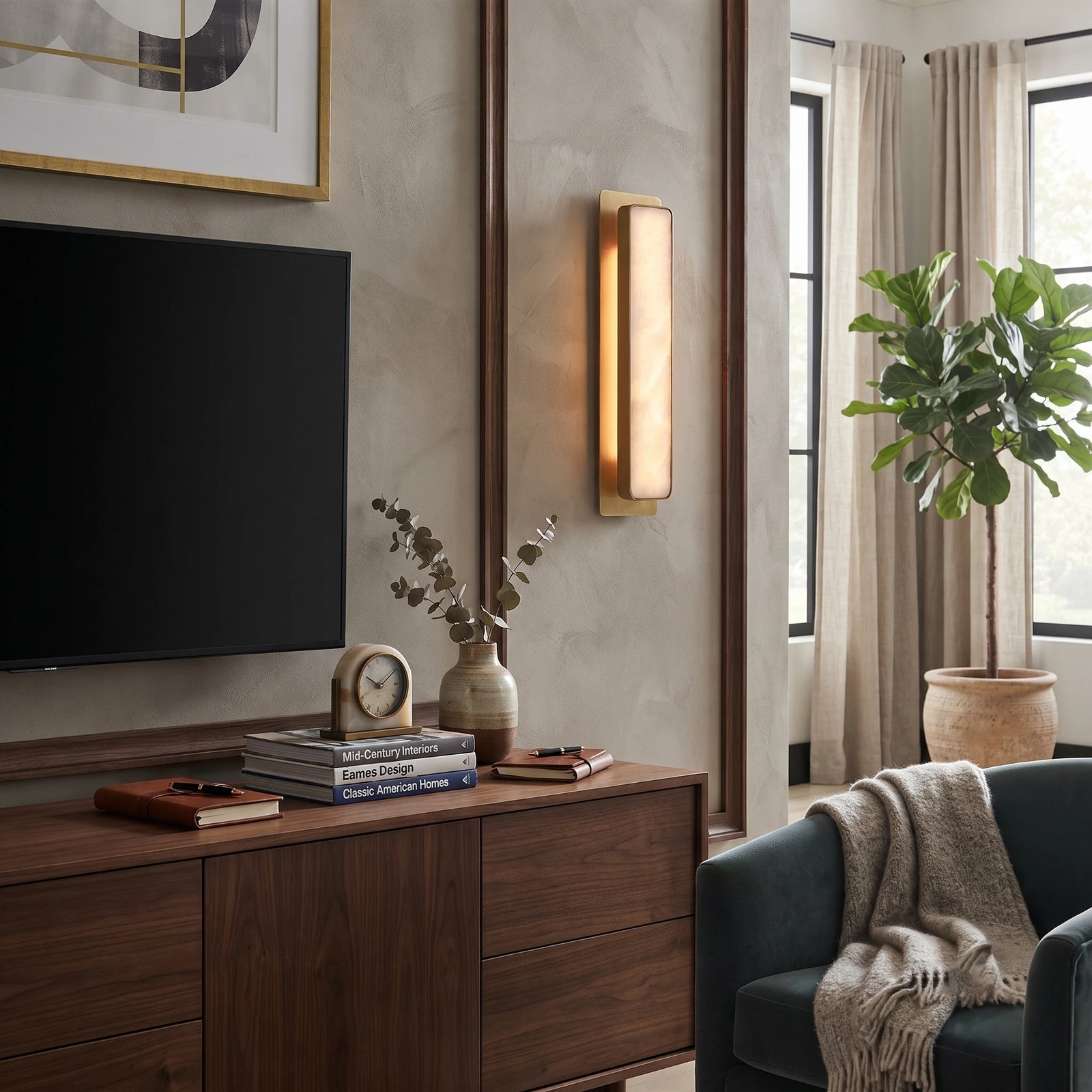 Rectangular Alabaster Wall Sconce beside TV Credenza