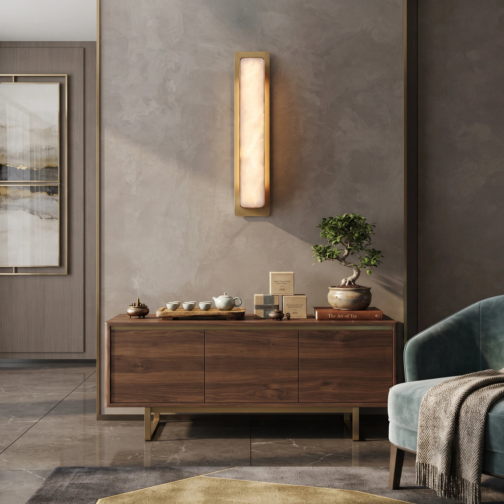 Modern Alabaster Rectangular Sconce over Living Room Credenza