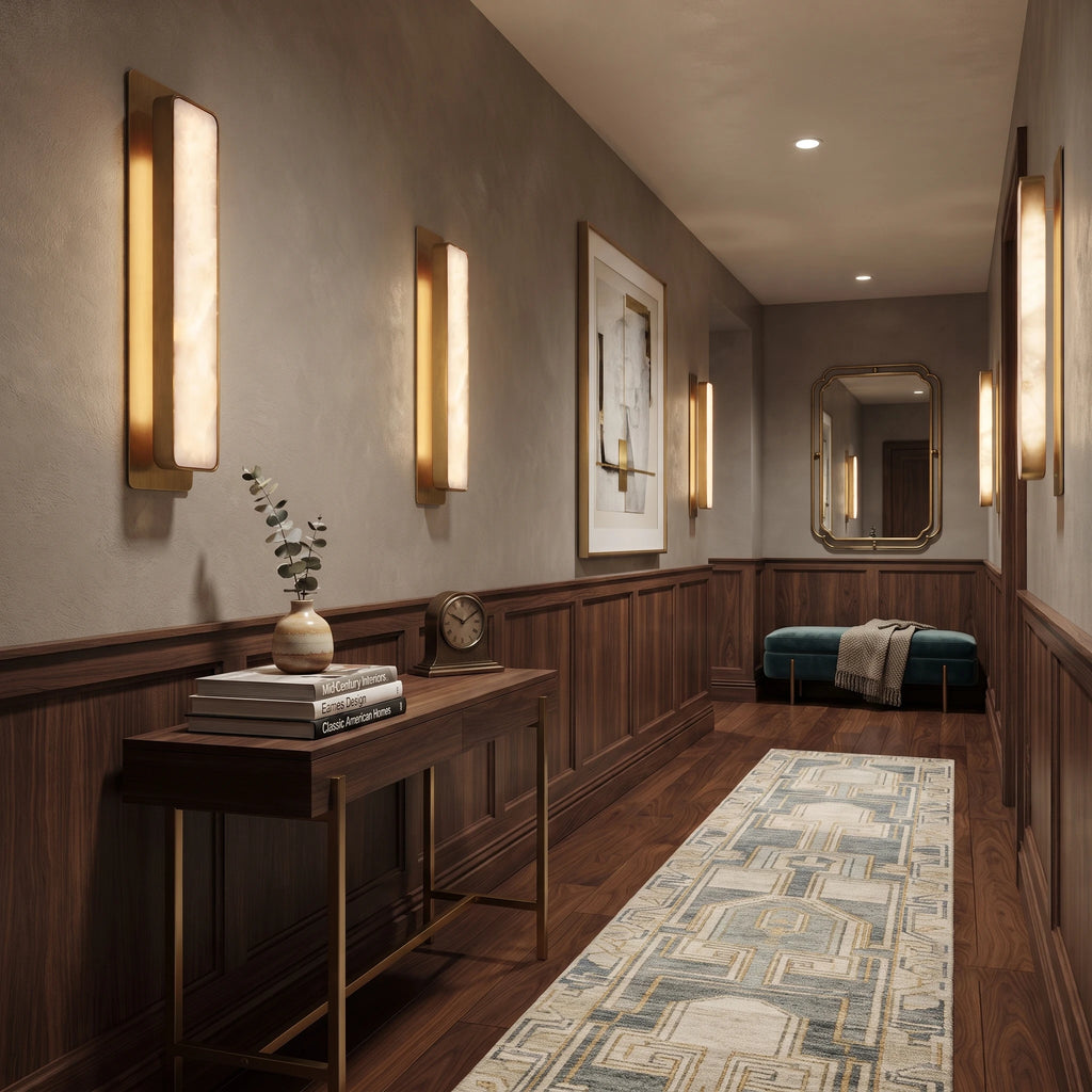 Rectangular Alabaster Wall Sconces Installed in Luxury Hallway