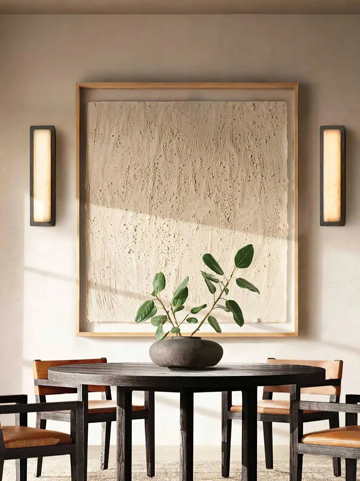Pair of Brass Alabaster Wall Sconces Flanking Dining Room Artwork