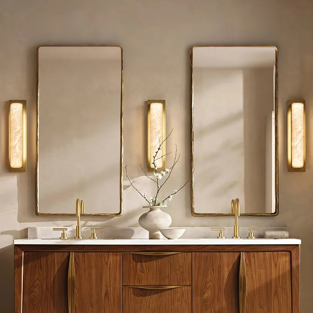 Trio of Alabaster Vanity Wall Sconces in Master Bathroom
