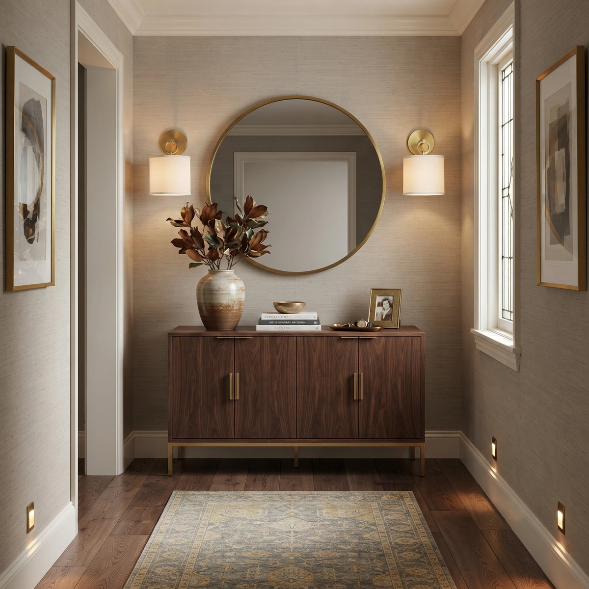 Brass Fabric Shade Wall Lights in Entryway with Round Mirror