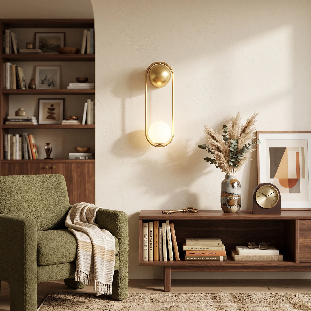 Brass Oval Loop Wall Sconce Over Living Room Storage Credenza