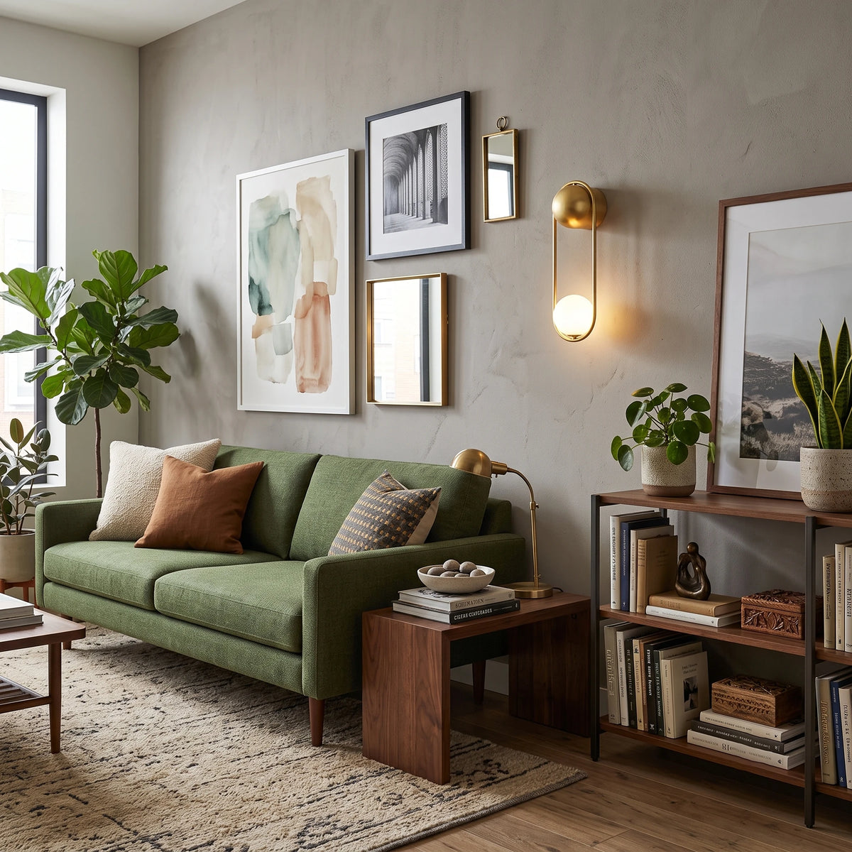 Modern Brass Loop Globe Wall Light Over Living Room Sofa