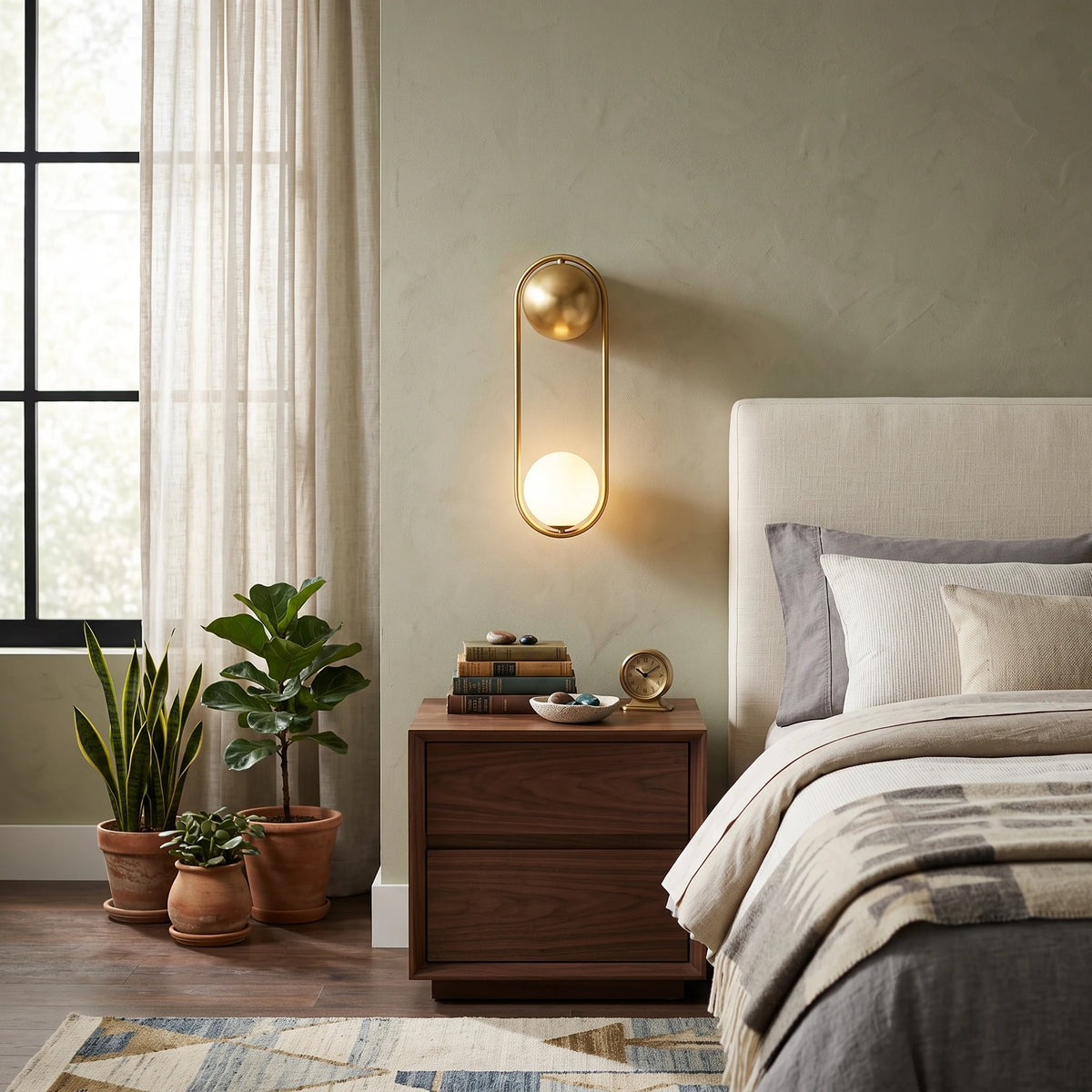 Modern Brass Globe Wall Light Over Bedroom Nightstand