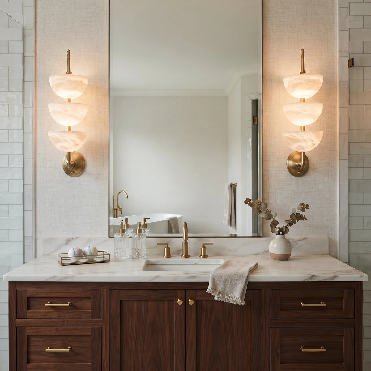 Alabaster Tiered Sconces in Luxury Bathroom Vanity Area