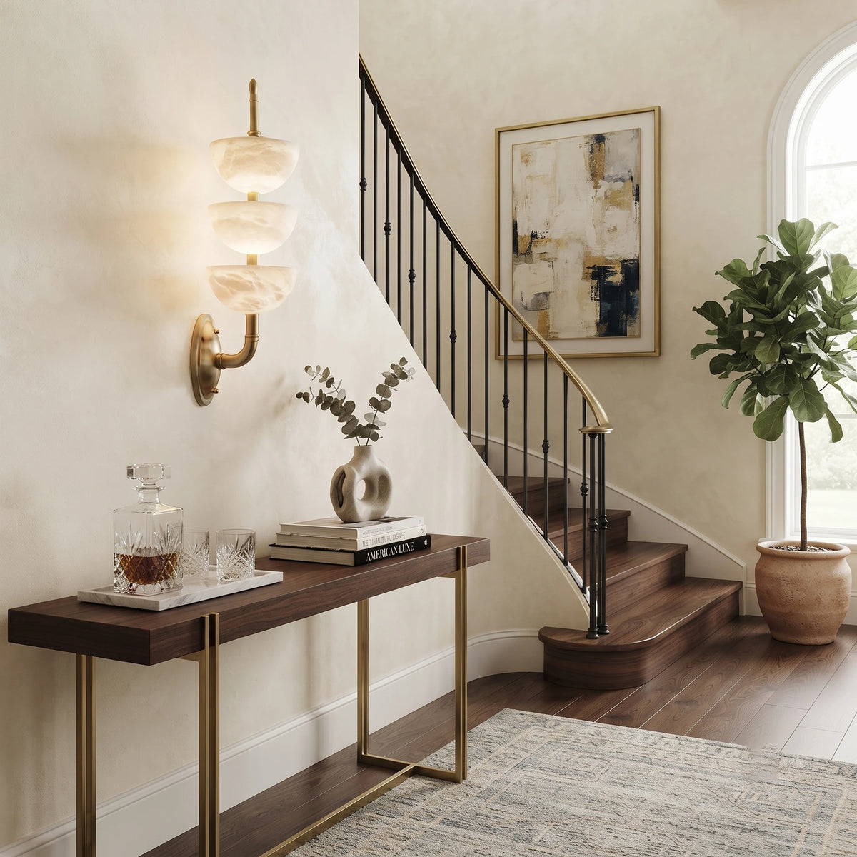 Brass and Alabaster Sconce above Entryway Console Table