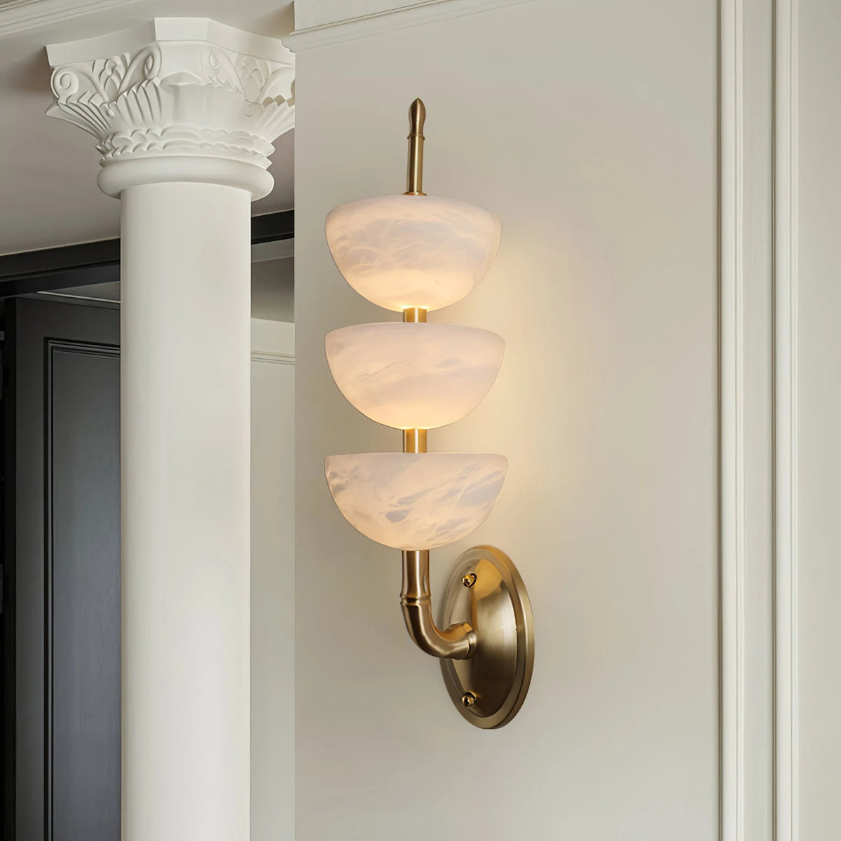 Alabaster Tiered Wall Sconce Installed on Architectural Column