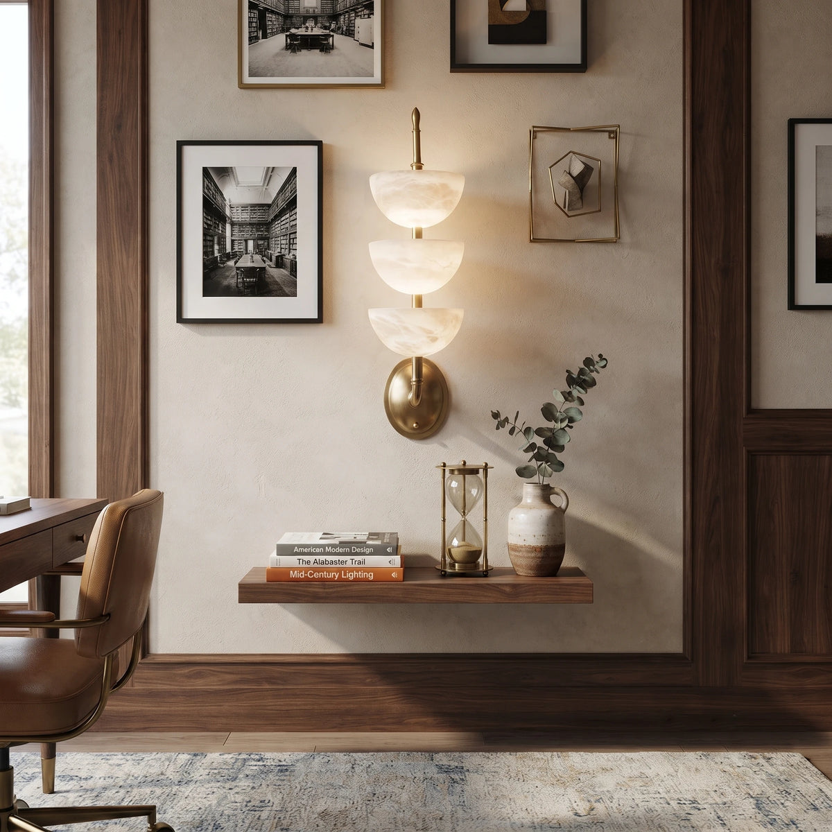3-Tier Alabaster Wall Sconce above Floating Wooden Shelf