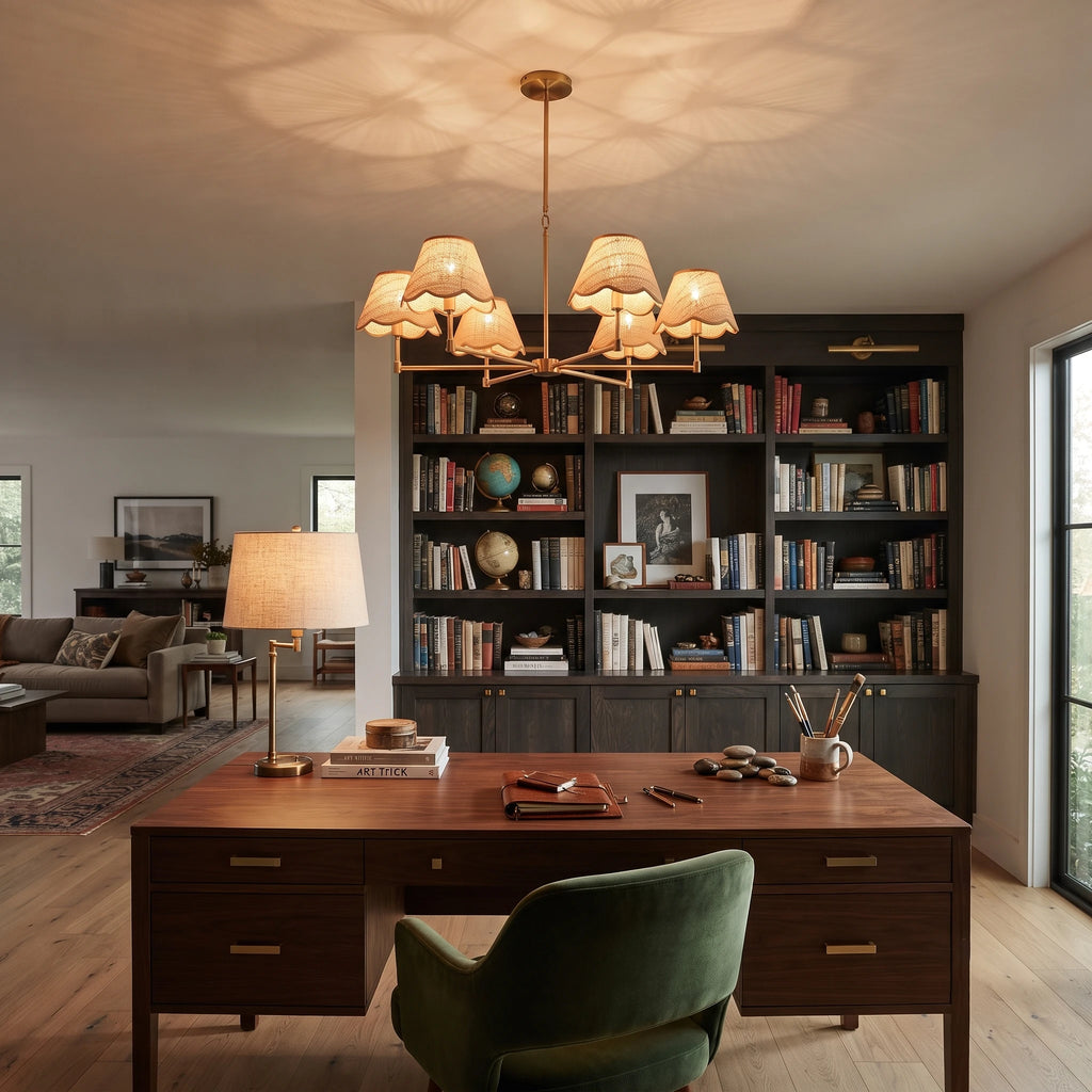 Brass & Scalloped Rattan Chandelier
