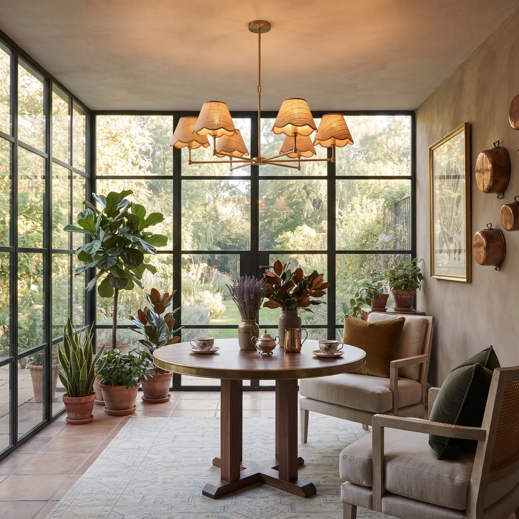 Brass & Scalloped Rattan Chandelier